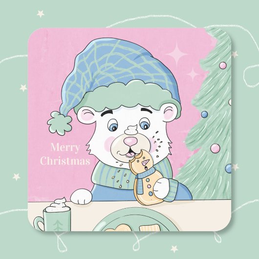 Polar Bear Cub Square Pink Weihnachtsaufkleber Quadratischer Aufkleber