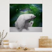 Polar Bear, cub und Northern Lights aurora Poster (Küche)