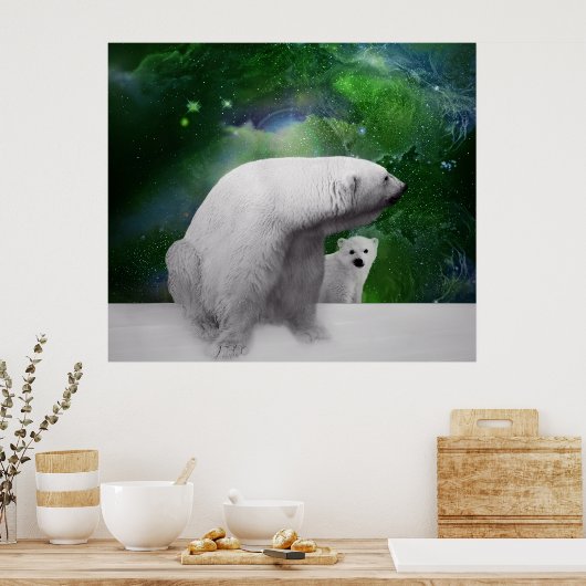 Polar Bear, cub und Northern Lights aurora Poster (Küche)
