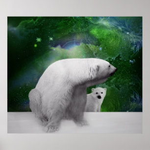 Polar Bear, cub und Northern Lights aurora Poster