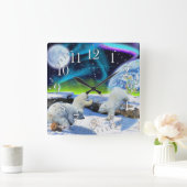Polar Bear Cubs & Aurora Earth Day Clock Quadratische Wanduhr (Zuhause)