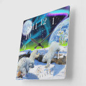 Polar Bear Cubs & Aurora Earth Day Clock Quadratische Wanduhr (Winkel)