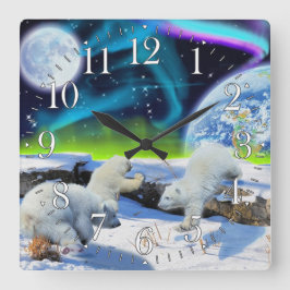 Polar Bear Cubs & Aurora Earth Day Clock Quadratische Wanduhr