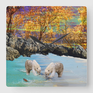 Polar Bear Cubs Fischen, Quadratische Wanduhr