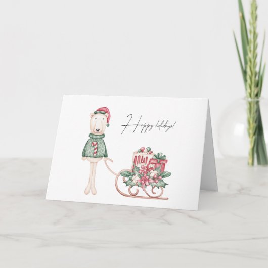 Polar Bear Dressed for Christmas Sleigh Karte (Vorderseite)