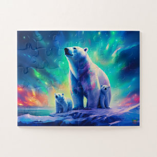 Polar Bear Family in der Aurora Puzzle