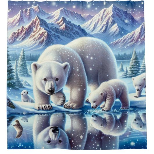 Polar Bear Family Snowy Scene Painting Duschvorhang (Vorderseite)