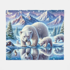 Polar Bear Family Snowy Scene Painting Fleecedecke