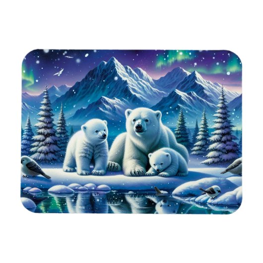Polar Bear Family Snowy Scene Painting Magnet (Horizontal)