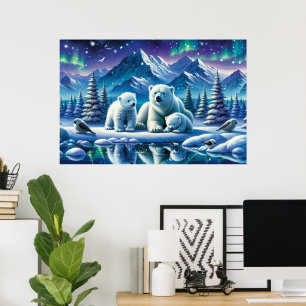 Polar Bear Family Snowy Scene Painting Poster