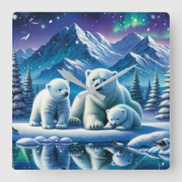Polar Bear Family Snowy Scene Painting Quadratische Wanduhr