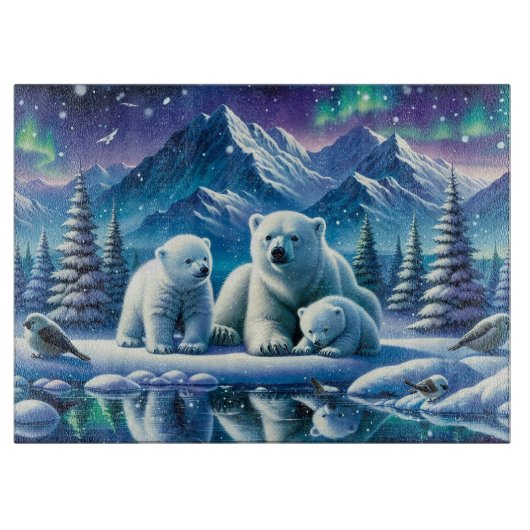 Polar Bear Family Snowy Scene Painting Schneidebrett (Vorderseite)