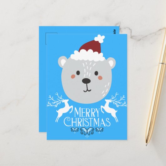 Polar Bear Funny Christmas Holidays Blue Postkarte (Vorderseite/Rückseite Beispiel)