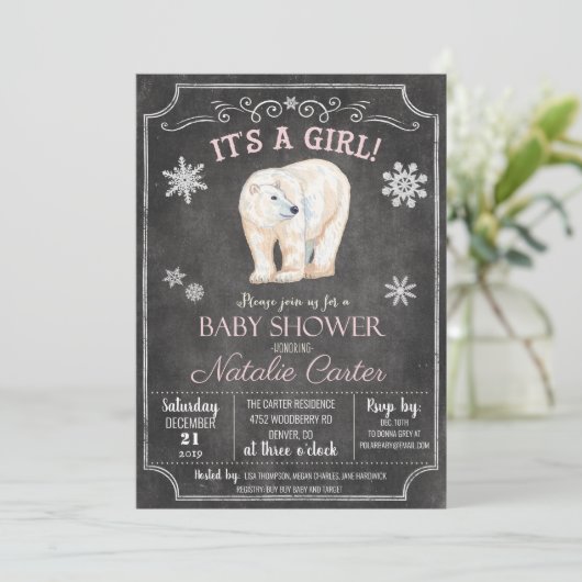 Polar Bear Girl Babydusche Einladung (Stehend Vorderseite)