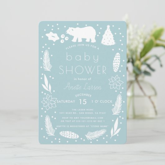 Polar Bear Holiday Foliage Baby Shower Einladung (Stehend Vorderseite)