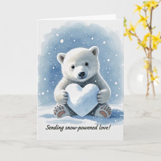 Polar bear in the snow with heart shaped snowball karte (Gelbe Blume)