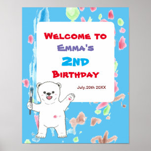 Polar bear Kids Art Birthday Party Welcome Poster