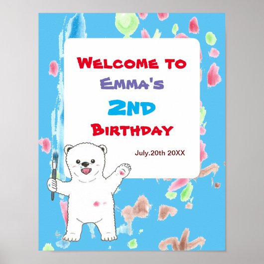 Polar bear Kids Art Birthday Party Welcome Poster (Vorne)