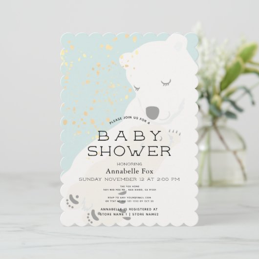 Polar Bear Mama & Cub Blue Baby Dusche Einladung (Stehend Vorderseite)