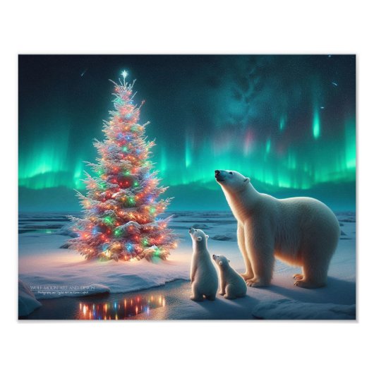 Polar Bear Mama Cubs Weihnachtsbaum Aurora Boreali Fotodruck (Vorne)