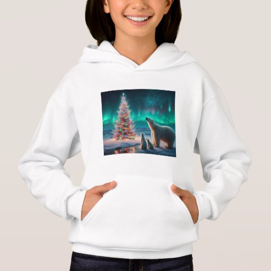 Polar Bear Mama Cubs Weihnachtsbaum Aurora Boreali Hoodie (Vorderseite)