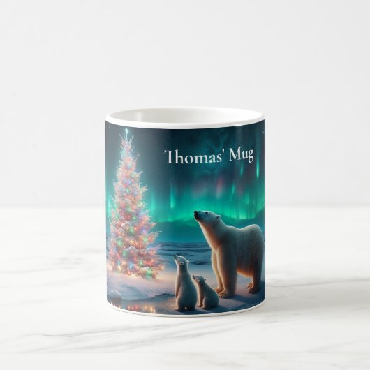 Polar Bear Mama Cubs Weihnachtsbaum Aurora Boreali Kaffeetasse (Mittel)