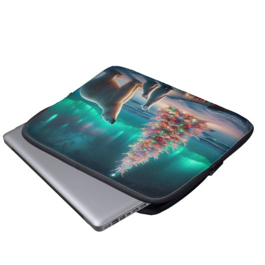 Polar Bear Mama Cubs Weihnachtsbaum Aurora Boreali Laptopschutzhülle (Vorne Knopf)