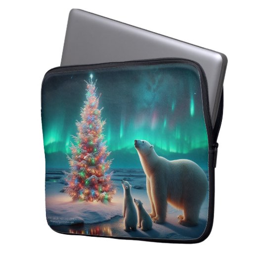 Polar Bear Mama Cubs Weihnachtsbaum Aurora Boreali Laptopschutzhülle (Vorderseite Links)