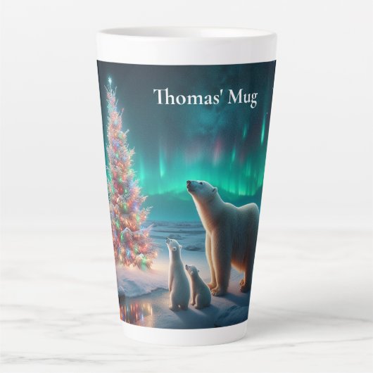 Polar Bear Mama Cubs Weihnachtsbaum Aurora Boreali Milchtasse (Vorderseite)