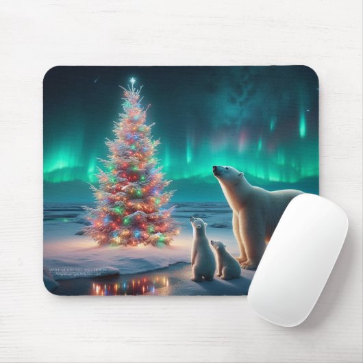 Polar Bear Mama Cubs Weihnachtsbaum Aurora Boreali Mousepad (Mit Mouse)