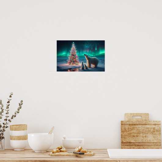 Polar Bear Mama Cubs Weihnachtsbaum Aurora Boreali Poster (Küche)