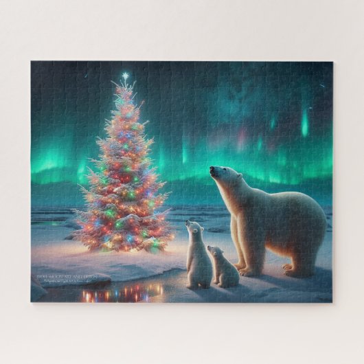 Polar Bear Mama Cubs Weihnachtsbaum Aurora Boreali Puzzle (Horizontal)