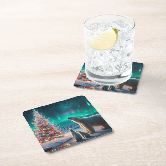 Polar Bear Mama Cubs Weihnachtsbaum Aurora Boreali Rechteckiger Pappuntersetzer (Vor Ort)