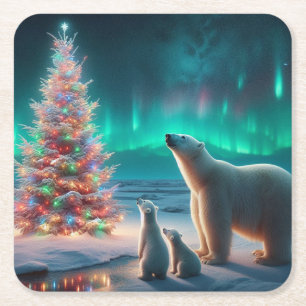 Polar Bear Mama Cubs Weihnachtsbaum Aurora Boreali Rechteckiger Pappuntersetzer
