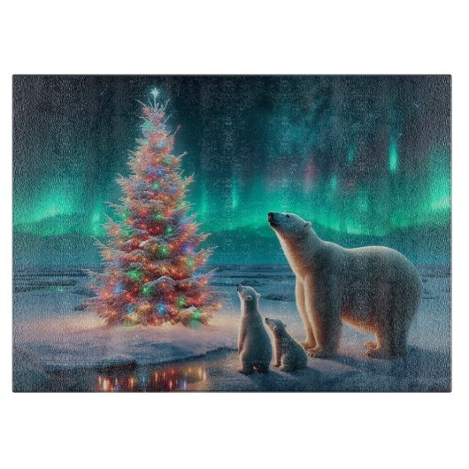 Polar Bear Mama Cubs Weihnachtsbaum Aurora Boreali Schneidebrett (Vorderseite)