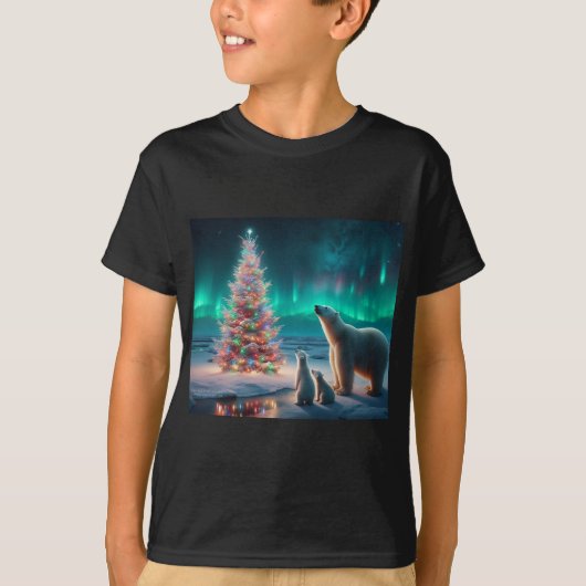 Polar Bear Mama Cubs Weihnachtsbaum Aurora Boreali T-Shirt (Vorderseite)