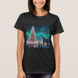 Polar Bear Mama Cubs Weihnachtsbaum Aurora Boreali T-Shirt