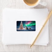 Polar Bear Mama Cubs Weihnachtsbaum Nordlichter Adressaufkleber (Insitu)