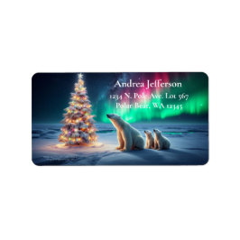 Polar Bear Mama Cubs Weihnachtsbaum Nordlichter Adressaufkleber