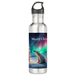 Polar Bear Mama Cubs Weihnachtsbaum Nordlichter Edelstahlflasche