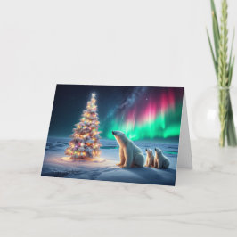 Polar Bear Mama Cubs Weihnachtsbaum Nordlichter Feiertagskarte