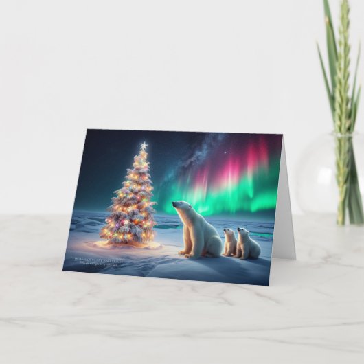 Polar Bear Mama Cubs Weihnachtsbaum Nordlichter Feiertagskarte (Vorderseite)