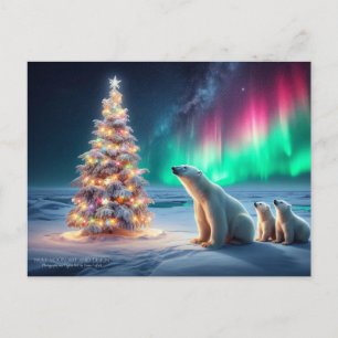 Polar Bear Mama Cubs Weihnachtsbaum Nordlichter Feiertagspostkarte