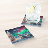 Polar Bear Mama Cubs Weihnachtsbaum Nordlichter Glasuntersetzer (Schrägansicht)