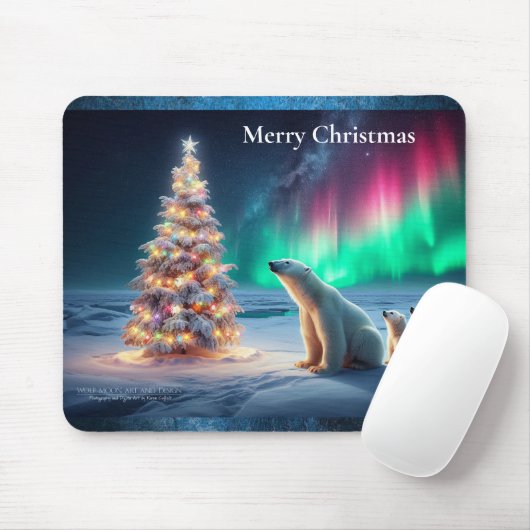 Polar Bear Mama Cubs Weihnachtsbaum Nordlichter Mousepad (Mit Mouse)