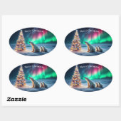 Polar Bear Mama Cubs Weihnachtsbaum Nordlichter Ovaler Aufkleber (Blatt)