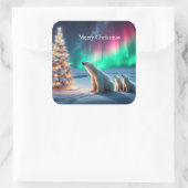 Polar Bear Mama Cubs Weihnachtsbaum Nordlichter Quadratischer Aufkleber (Tasche)