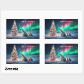 Polar Bear Mama Cubs Weihnachtsbaum Nordlichter Rechteckiger Aufkleber (Blatt)