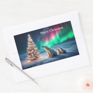 Polar Bear Mama Cubs Weihnachtsbaum Nordlichter Rechteckiger Aufkleber