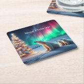 Polar Bear Mama Cubs Weihnachtsbaum Nordlichter Rechteckiger Pappuntersetzer (angewinkelt)